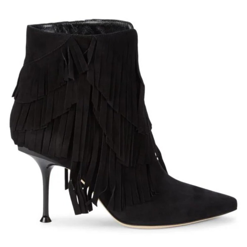 NIB$1265 SERGIO ROSSI Fringed Ankle Suede Booties Pointed Toe Stiletto Heels 37 - Picture 2 of 16